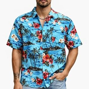 Banana Bay Hawaiian Shirt Mens XL Blue Tropical Floral Island Aloha Hibiscus
